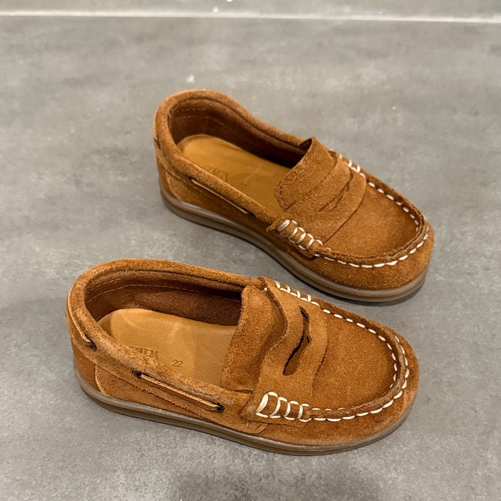 Zara Kids Suede Penny Loafers in Tan